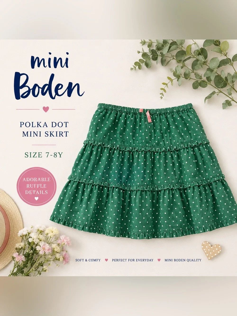 Mini Boden Green Polka Dot Tiered Skirt | Girls Size 7–8Y (128 cm)